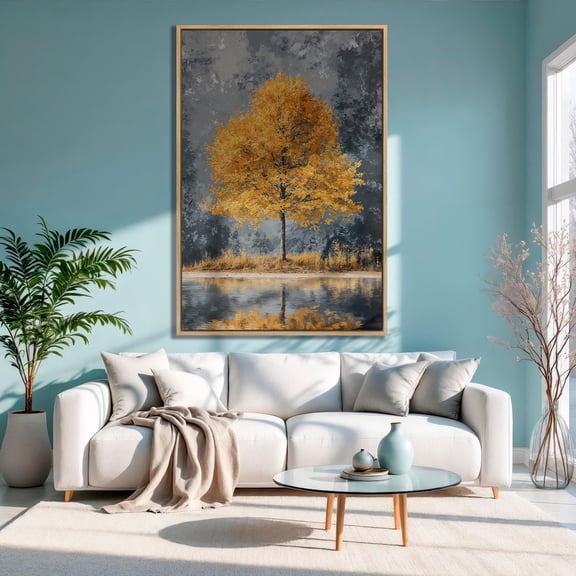 Yellow Autumn Tree poster, Serene Fall Landscape Wall Art Unframed Paper Print