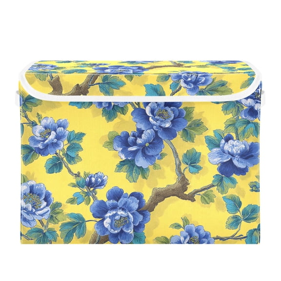Yellow Background Blue Floral Foldable Storage Bins with Lids Handles Collapsible Storage Containers Tote Boxes 16.5 x 12.6 x 11.8 inches