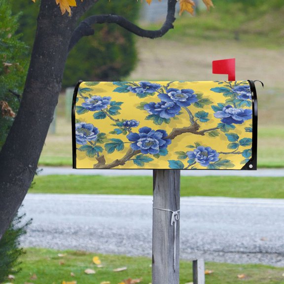 Yellow Background Blue Floral Magnetic Mailbox Cover Rust Protection Yard Decor 20.7" x 18.03"