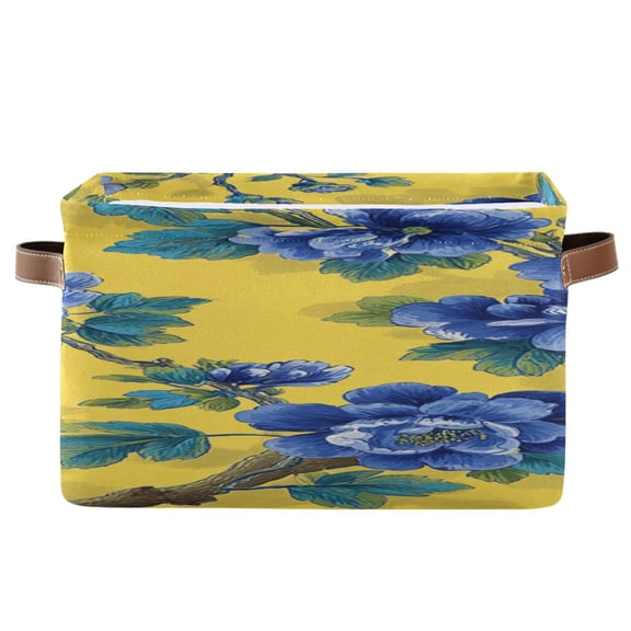 Yellow Background Blue Floral Square Storage Bins with Handles Collapsible Containing Box 1 Pack