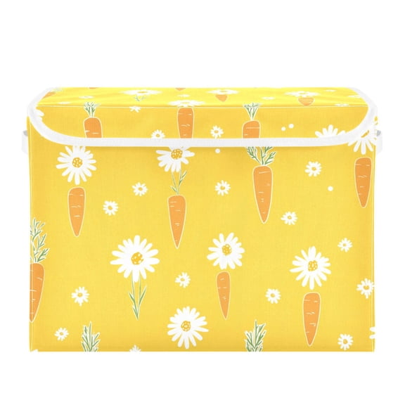 Yellow Background Cute Daisies Carrots Foldable Storage Bins with Lids Handles Collapsible Storage Containers Tote Boxes 16.5 x 12.6 x 11.8 inches