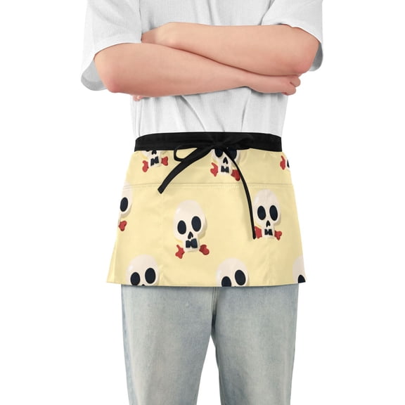 Yellow Background Cute Skulls Short Server Apron with 3 Pockets for Unisex Chef Gardening