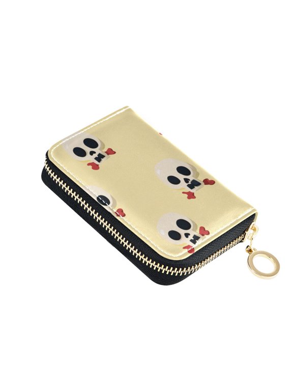 Yellow Background Cute Skulls Women's Credit Card Holder PU Leather Zipper Wallet RFID Blocking