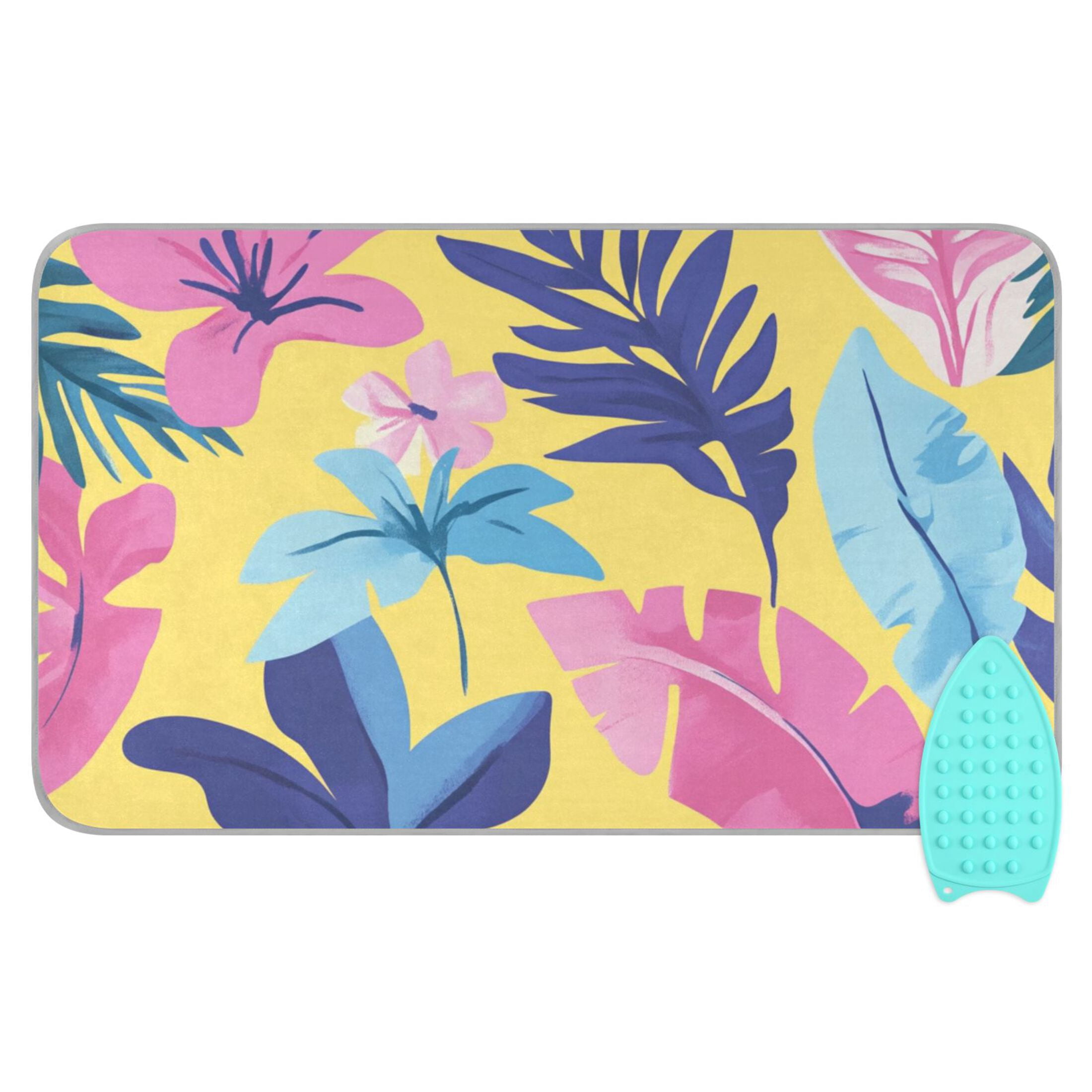 Yellow Background Pinkish Flowers Leaves Ironing Mat Blanket Portable Travel Ironing Pad Heat Resistant Pad 47.2" x 27.6”