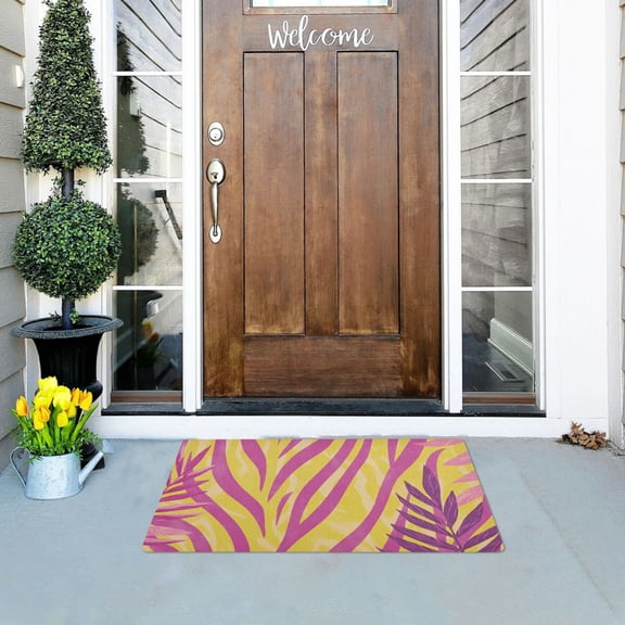 Yellow Background Purple Leaves Doormats Welcome Mats Gate Pads Entryway Outdoor 32" x 20"