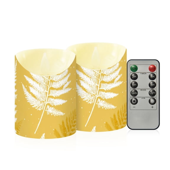 Yellow Background White Fern Leaves Flickering Flameless Candles with Remote Timer Battery Operated LED Tealight Set of 2 S
