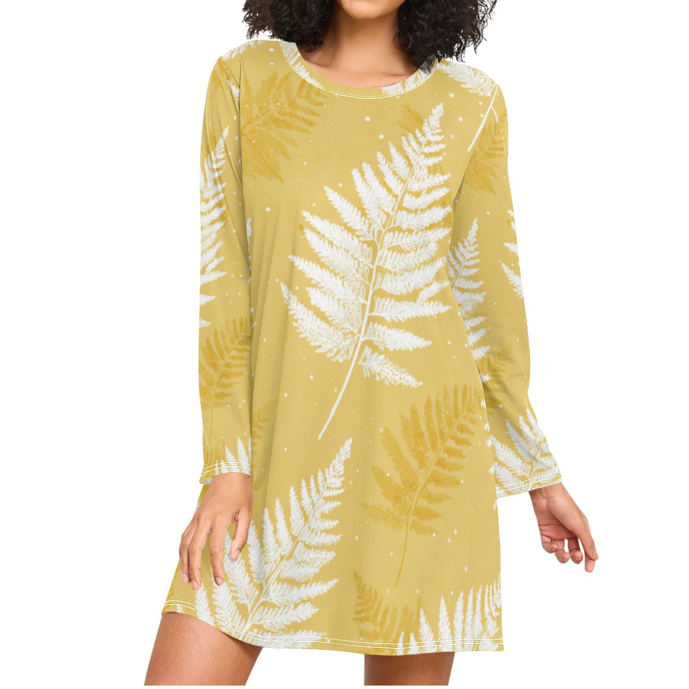 Yellow Ruled Sleep Yellow Background White Fern Leaves Women's Long Sleeves Nightgowns ...