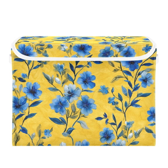 Yellow Background Wild Blue Floral Foldable Storage Bins with Lids Handles Collapsible Storage Containers Tote Boxes 16.5 x 12.6 x 11.8 inches