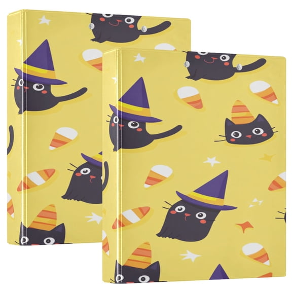 Yellow Background with Black Cat 12.4x10.6in PVC Round Ring Binder, D-Ring 3-Hole, Metal Clip, 200 Sheets