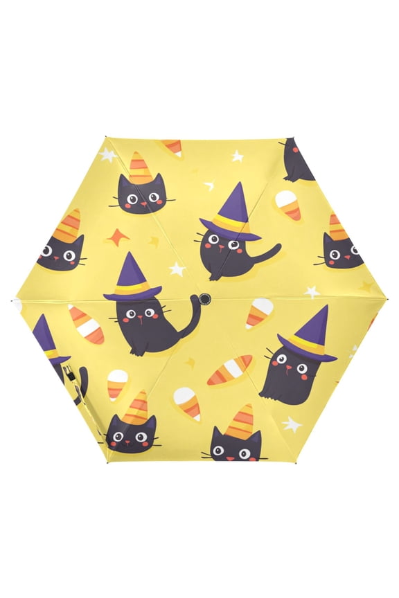 Yellow Background with Black Cat Folding Umbrella UV50+ Waterproof Sun Protection Auto Open Close Compact Fiberglass Frame