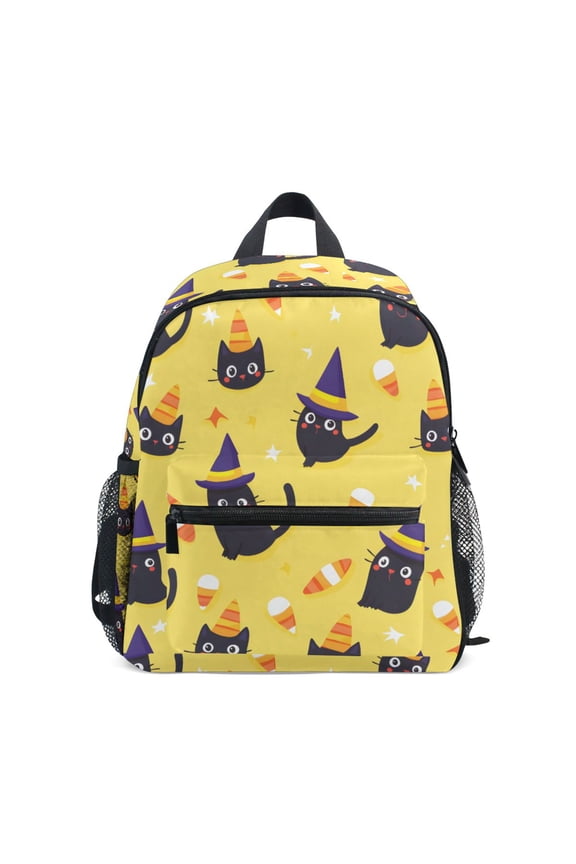 Yellow Background with Black Cat Mini Backpack Cute Small Backpack with Chest Strap and Whistle Ages 3-8
