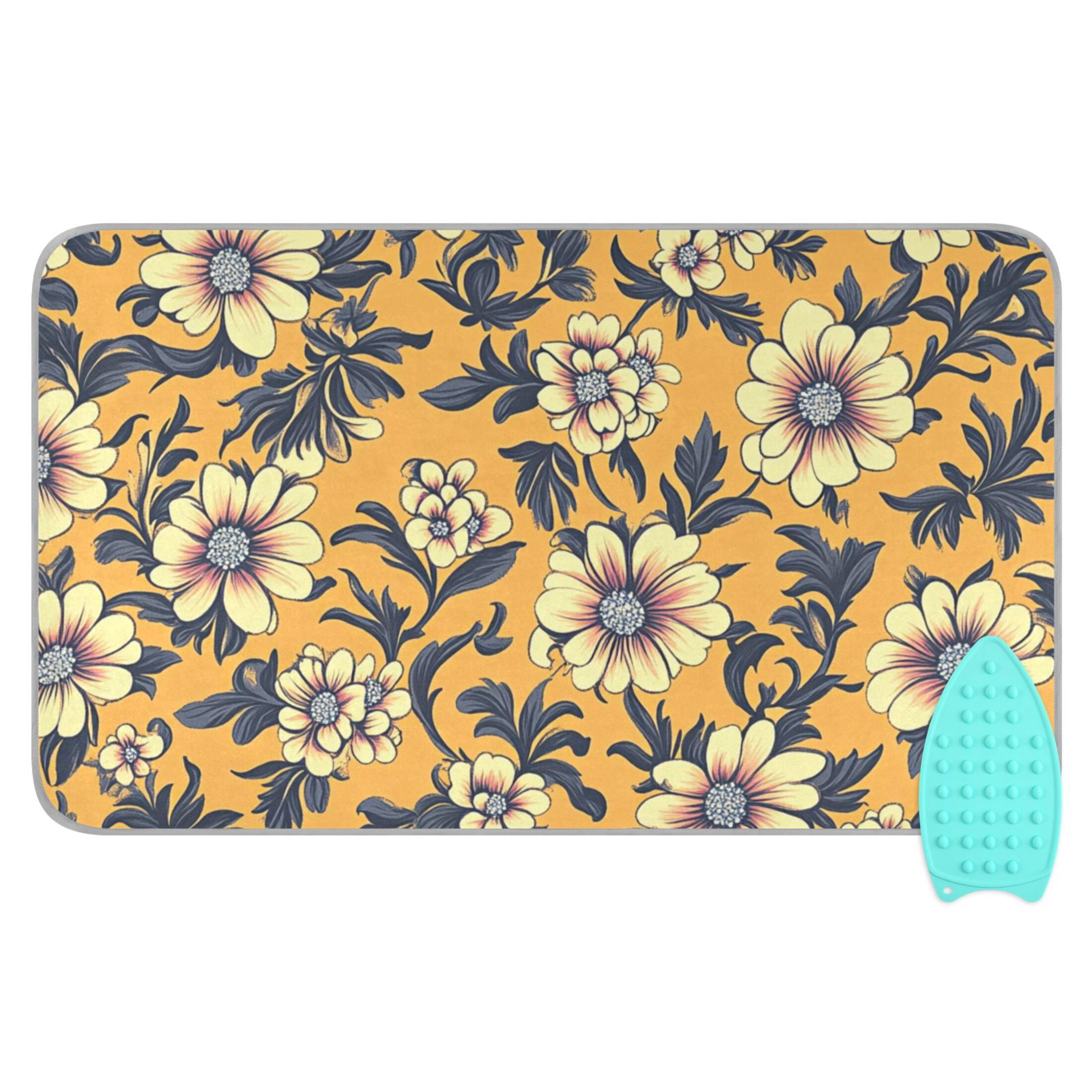 Yellow Background with Flowers Ironing Mat Blanket for Table Top Travel Portable Ironing Board Pad 47.2x27.6 Inch