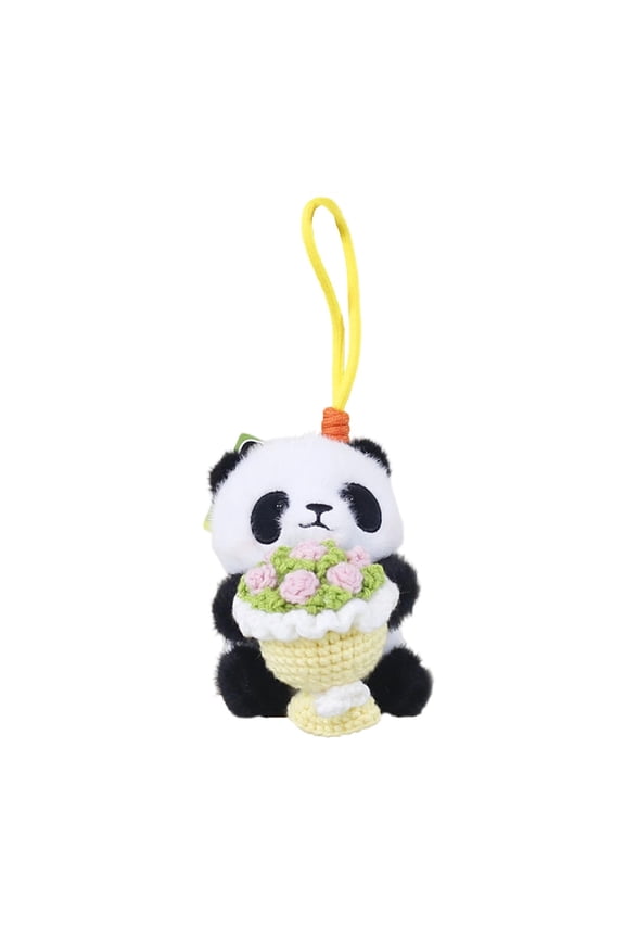 Yellow Bag Charm Panda Embracing Roses Plush Pendant Crochet Flower Bouquet Keychain Toy Doll