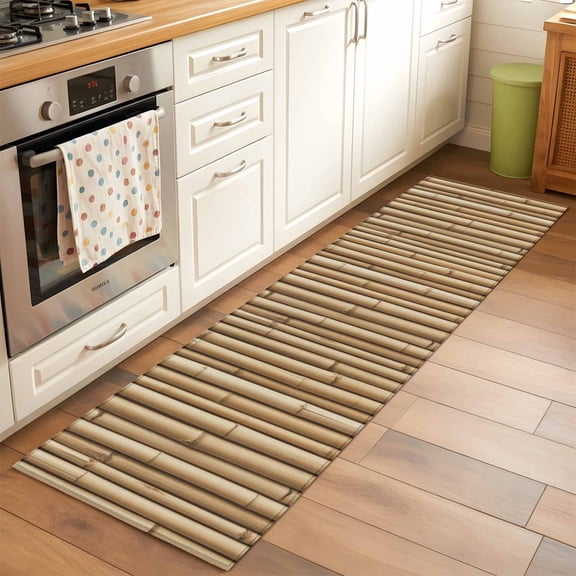 Yellow Bamboos 2x6 Runner Rug for Hallway Walkway Kitchen Galley, Natural Vintage Bamboos Tree Plant Image Low Pile Washable Non Slip Long Area Rug