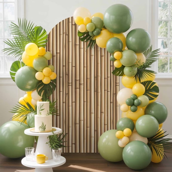 Yellow Bamboos Arch Backdrop Cover, 5FT, Natural Vintage Bamboos Tree Plant Image Spandex Arch Covers Double-Sided Backdrop for Wedding Birthday Party Photo Background Decoration