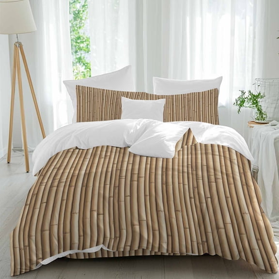Yellow Bamboos Comforter Set California King Size, Natural Vintage Bamboos Tree Plant Image Soft Bedding Set for Man Woman, 4 Pieces Duvet Cover Set with Fitted Sheet, 2 Pillowcases