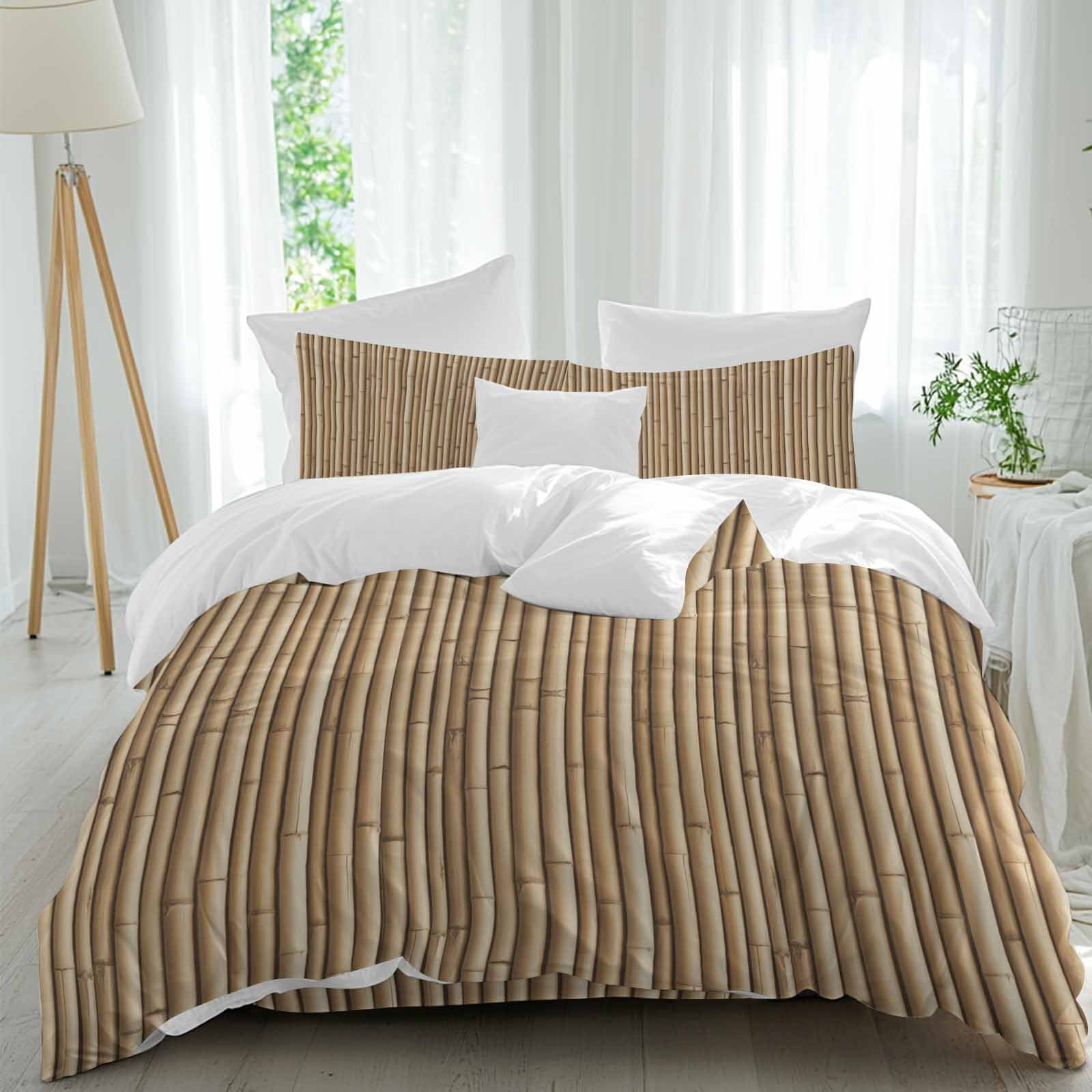 Yellow Bamboos Duvet Cover Set Queen Size, Natural Vintage Bamboos Tree Plant Image 4 Piece Soft Microfiber Bedding Set with Zipper Closure, 1 Comforter Cover, 1 Flat Sheet, 2 Pillowcases