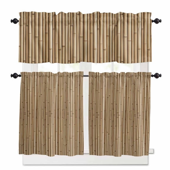 Yellow Bamboos Kitchen Curtains Valance and Tier Set Natural Vintage Bamboos Tree Plant Image Rod Pocket Short Curtains for Small Window 3 Pieces Set for Bedroom Bathroom Cafe (54" x 18"+27" x 36")