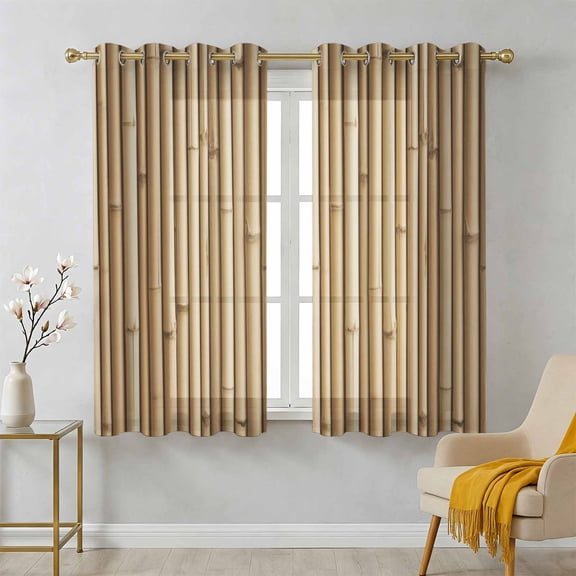 Yellow Bamboos Sheer Curtains 39 Inch Long 2 Panels, Natural Vintage Bamboos Tree Plant Image Light Filtering Semi Sheer Drapes Grommet Voile Window Curtain for Living Bedroom W27.9 x L39