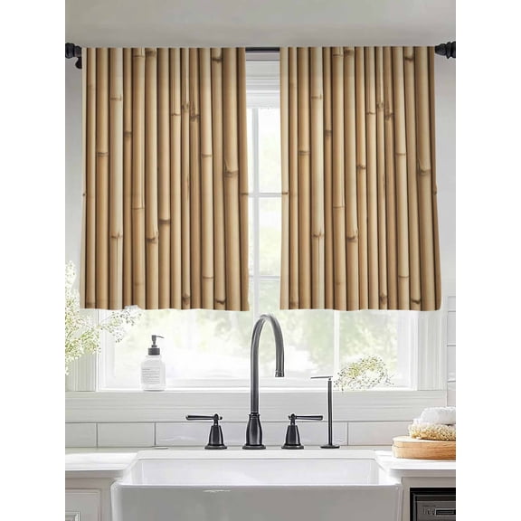 Yellow Bamboos Sheer Curtains 45 inches Long, Natural Vintage Bamboos Tree Plant Image Light Filtering Sheer Window Curtains Rod Pocket Voile Drapes for Bedroom Living Room, 2 Panels