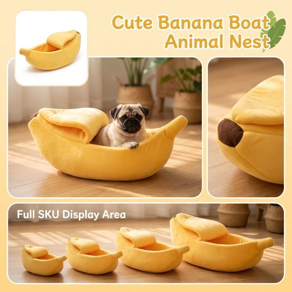Yellow Banana Pet Bed, Banana Pet Bed, Enclosed Cat Cave, Plush Pet Bed, Pet Sleeping Nest, Soft Flannel Fleece Structure, Washable Non-Slip Base, Works As Cozy Pet Hut for Indoor