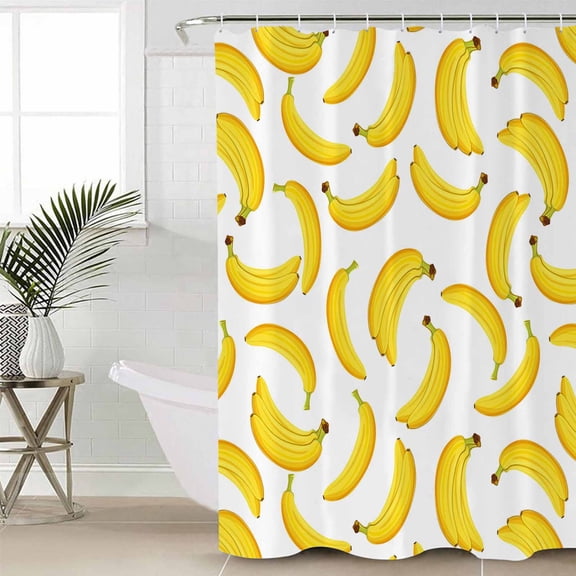 Yellow Banana Standard Shower Curtain Set, Waterproof Shower Curtains for Bathroom, Summer Tropical Fruits Watercolor Washable Fabric Cloth Bath Curtain for Bathtub Decoration with Hooks 72x72 Inches
