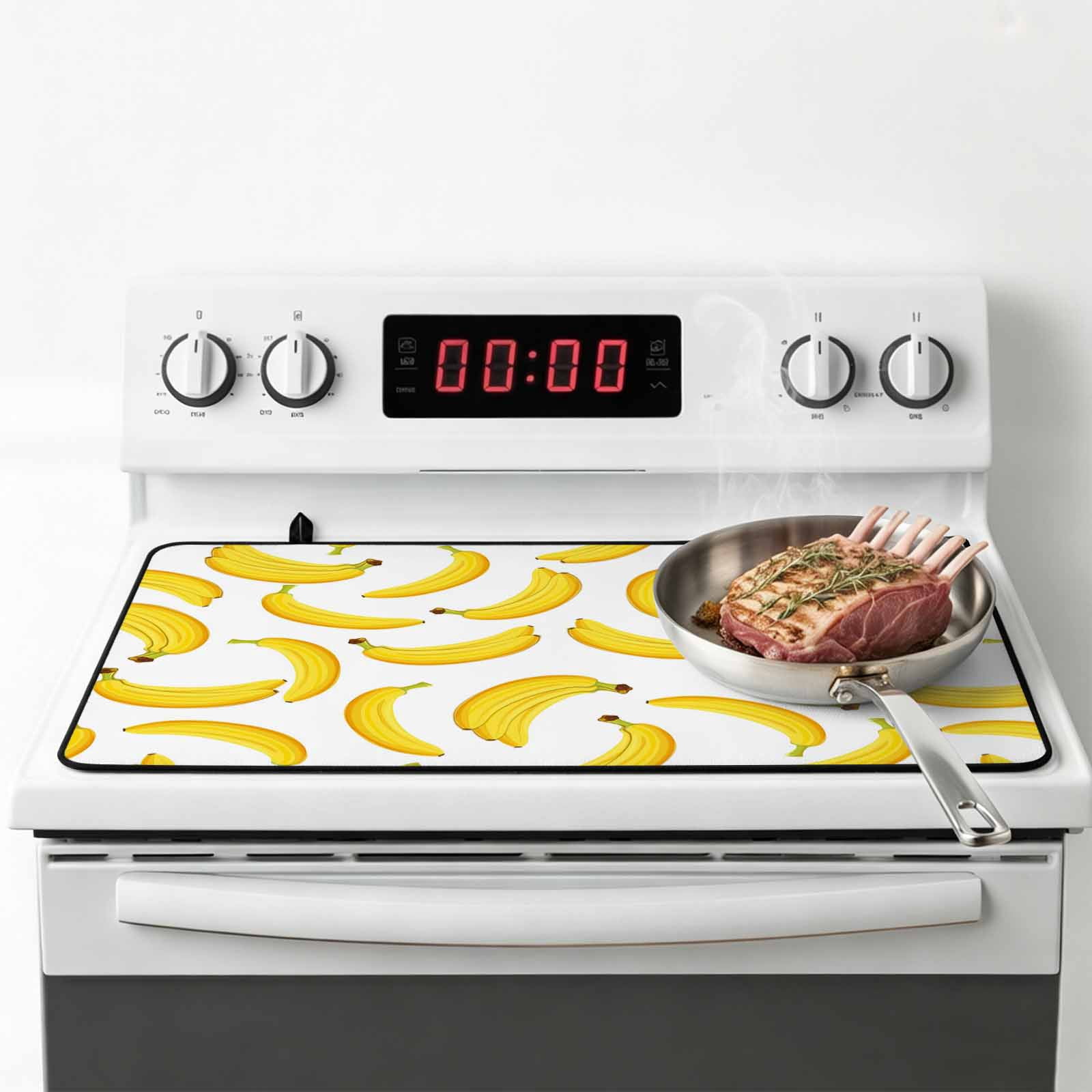 Yellow Banana Stove Top Cover for Electric Stove, Heat-proof & Non Slip Glass Top Stove Cover Protector, Summer Tropical Fruits Watercolor Kitchen Flat Cooktop Rubber Mat 24x21 Inches