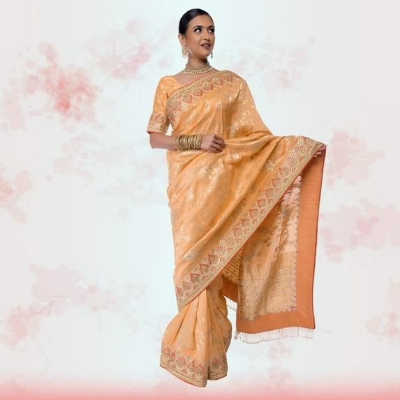 Yellow Banarasi Silk saree with bead work embroidery Size: S, Color: Yellow
