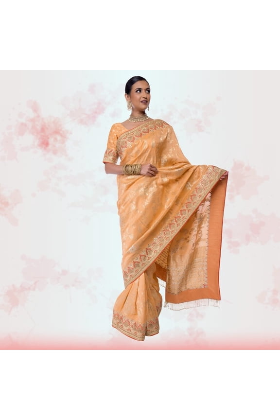 Yellow Banarasi Silk saree with bead work embroidery Size: XXS, Color: Yellow