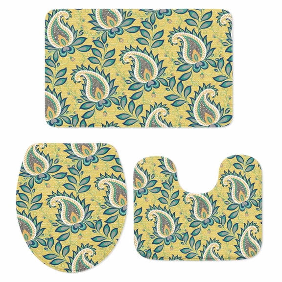 Yellow Bandanna Bathroom Rugs Set Ethnic Indian Style Non Slip Absorbent Soft Bath Mats 3 Piece Set with Bathroom Rug, U-Shaped Floor Mat, Toilet Seat Cover Large Size