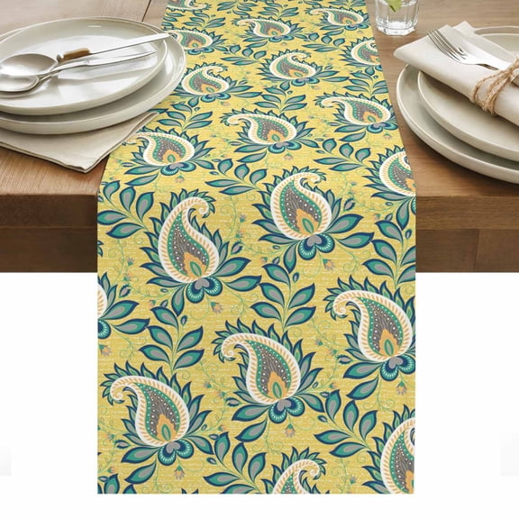 Yellow Bandanna Table Runner 13 x 36 Inch, Ethnic Indian Style Washable Cotton Linen Dining Table Runner Tabletop Decorations for Restaurant Home Kitchen Party