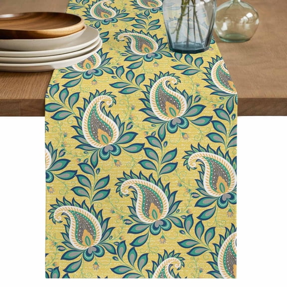 Yellow Bandanna Table Runner, Ethnic Indian Style Cotton Linen Kitchen Table Decoration Washable Dining Tabletop Runners for Home Party Decor 13x60 Inches