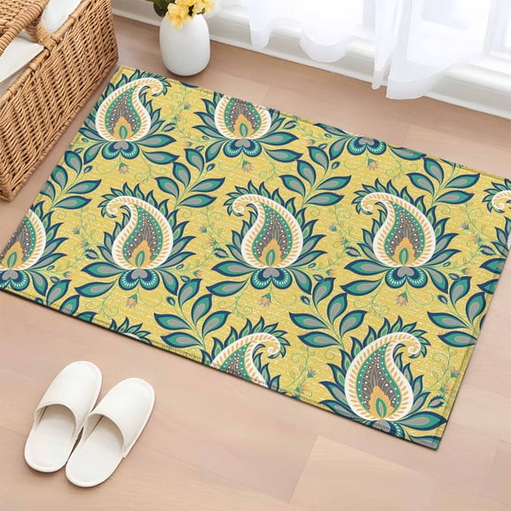 Yellow Bandanna Washable Small Entryway Area Rugs 2'x3', Ethnic Indian Style Low Pile Throw Rug Non-Slip Sturdy Edge Binding Carpet for Front Door Floor Room Entry