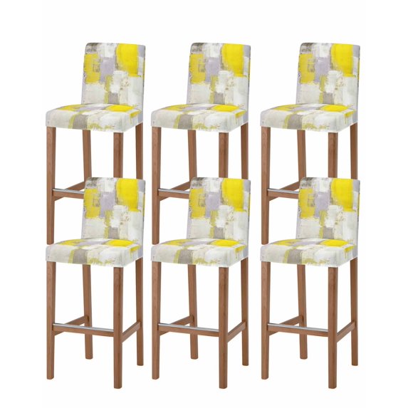Yellow Bar Stool Covers Set of 6, Modern Geometric Grey Oil Painting Abstract Stretch Washable Bar Chair Covers with Backs, Removable Pub Counter Height Chair Cover for Kitchen Dining Room Cafe