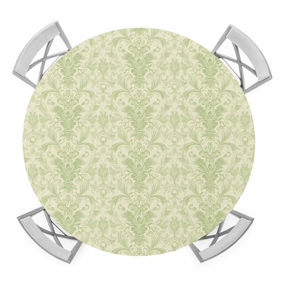 Yellow Baroque Round Tablecloth for 45-54 Inch Tables, Fitted Table Cover with Elastic Edge, Rustic Luxury Damask Scroll Floral Waterproof Outdoor Table Cloth Protector for Patio Garden Dinner Picnic