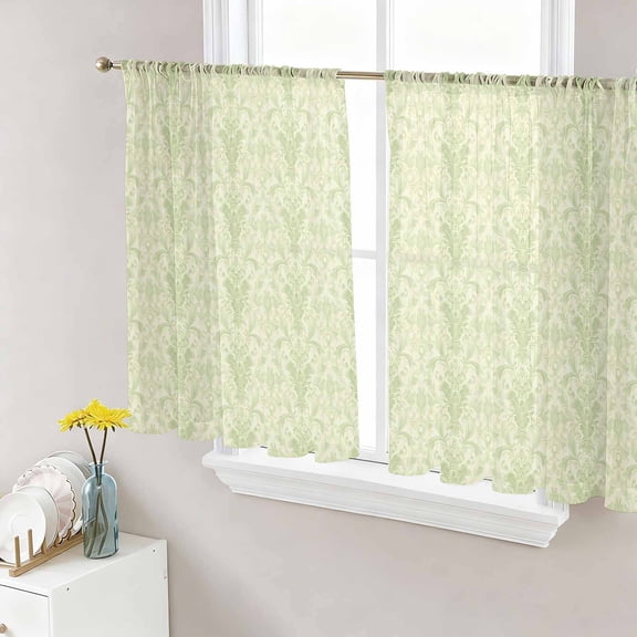 Yellow Baroque Semi Sheer Curtains 45 Inch Length 2 Panels Set, Rustic Luxury Damask Scroll Floral Sheer Kitchen Curtain Privacy Voile Window Curtain for Living Room Bedroom Rod Pocket Drapes