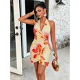 thumbnail image 1 of Yellow Base Orange Blossom Floral Halter Neck Mini Dress With Ruched Waist And Ruffle Hem, 1 of 6