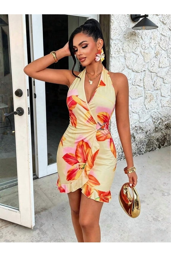 Yellow Base Orange Blossom Floral Halter Neck Mini Dress With Ruched Waist And Ruffle Hem