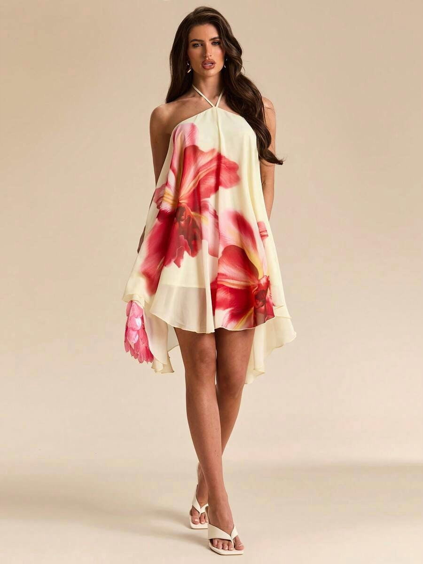 red and yellow floral dress /// Yellow Base Red Floral Print Chiffon Halter Tie Ruched Flare Mini Dress, Women's, Size: Small