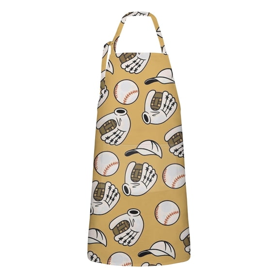 Yellow Baseball Items Pattern Apron-Garden Aprons for Women with Pockets-Cotton Linen Waterproof Kitchen Cooking Gardening Aprons Adjustable for Kitchen,Cooking,BBQ and Salon 33x27 Inch
