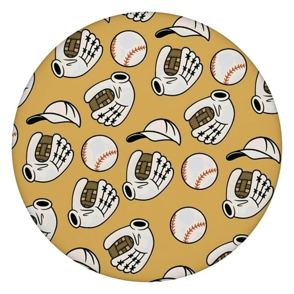 Yellow Baseball Items Pattern Round Fitted Tablecloth with Elastic Edge,Dining Table Cover Waterproof,Outdoor Round Tablecloth for Camping,Dining,Indoor and Outdoor