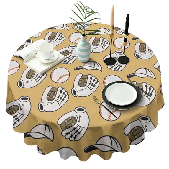 Yellow Baseball Items Pattern Round Tablecloth 60"x60",Wrinkle Wipeable Table Cloth for Kitchen Dining Room Picnic Patio Party