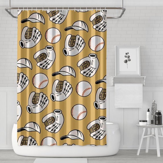Yellow Baseball Items Pattern Shower Curtain 72"x72" ,Bathroom Decorative Shower Curtains Set with 12 Hooks,Modern Waterproof Washable Shower Curtain