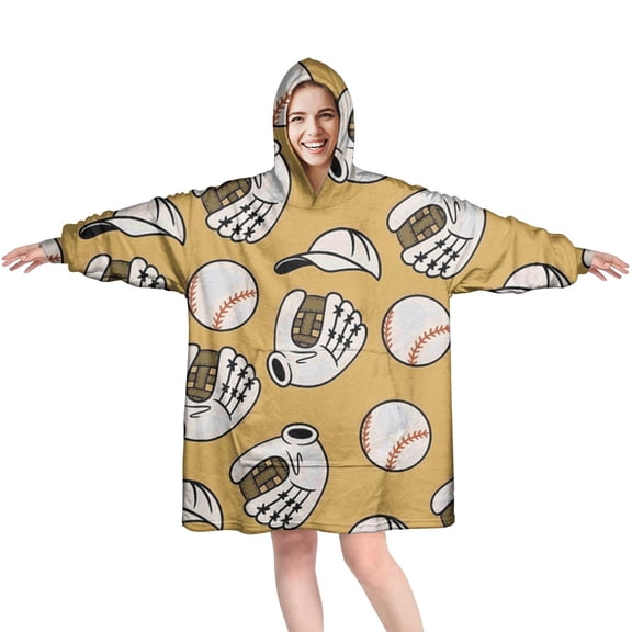 Yellow Baseball Items Pattern Wearable Oversized Blanket,Wearable Blanket Hoodie for Adults,Cozy Hooded Blankets with Super Pockets,Super Warm Fuzzy Pullover for Women & Men