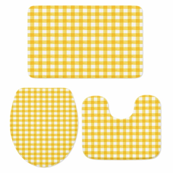 Yellow Bath Mat 3 Piece Bathroom Rug Set, Country French Rustic Buffalo Plaid Modern Art Non Slip Bath Rug Contour Mat and Toilet Lid Cover, Absorbent Shower Mats Soft Bath Rugs and Mats Sets