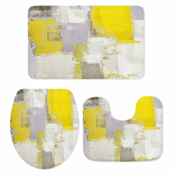 Yellow Bath Mat 3 Piece Bathroom Rug Set, Modern Geometric Grey Oil Painting Abstract Non Slip Bath Rug Contour Mat and Toilet Lid Cover, Absorbent Shower Mats Soft Bath Rugs and Mats Sets