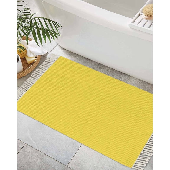 Yellow Bath Rug 2x3ft Woven Bathroom Entryway Runner Rug, Pure Yellow Washable Living Room Hallway Bedroom Kitchen Carpet with Tassels, Non-Shedding Indoor Outdoor Throw Doormat