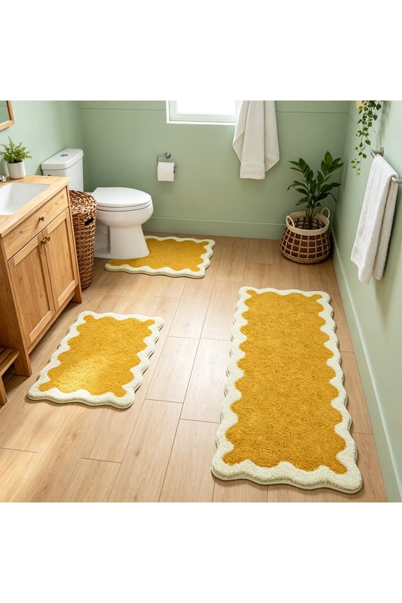 Yellow Bathroom Rugs Set Scalloped Non-Slip Cute Bathroom Mats Sets 3 Piece with U-Shaped Contour Absorbent Plush Microfiber Bath Rugs Washable Fun Aesthetic Floor Mats for Sink Tub Toilet