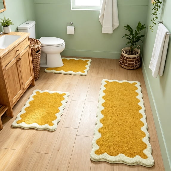 Yellow Bathroom Rugs Set Scalloped Non-Slip Cute Bathroom Mats Sets 3 Piece with U-Shaped Contour Absorbent Plush Microfiber Bath Rugs Washable Fun Aesthetic Floor Mats for Sink Tub Toilet