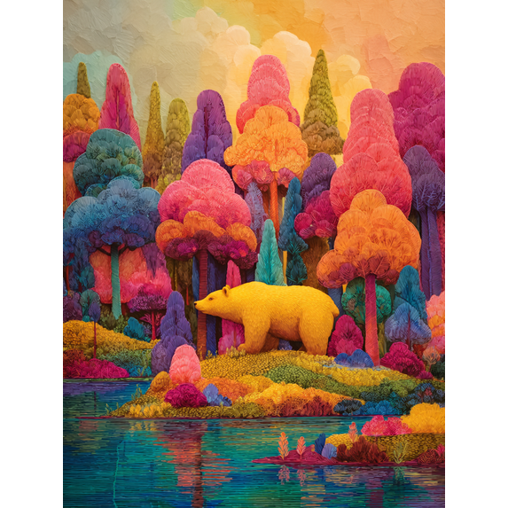 Yellow Bear Vibrant Forest Canvas Print Wall Art for Living Room Bedroom Hallway Cafe Hotel Decor